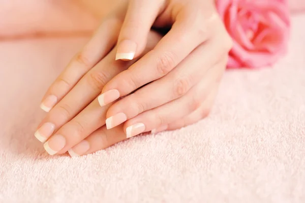Imagem de close-up de manicure francês rosa — Fotografia de Stock
