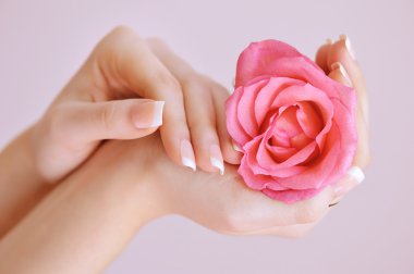 Gül desenli pembe Fransız manikür portre resmi