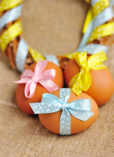 Easter eggs on a linen fabric — Stock Photo, Image