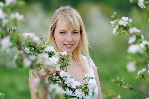 Mujer en flor flor de manzana jardín — Foto de Stock