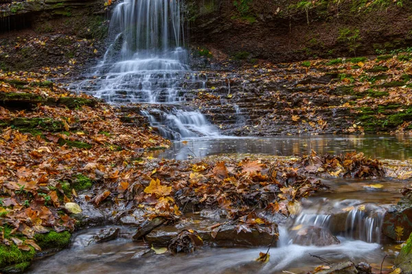 秋の森の中の美しいカスケード滝 絹のような滑らかなストリーム — ストック写真