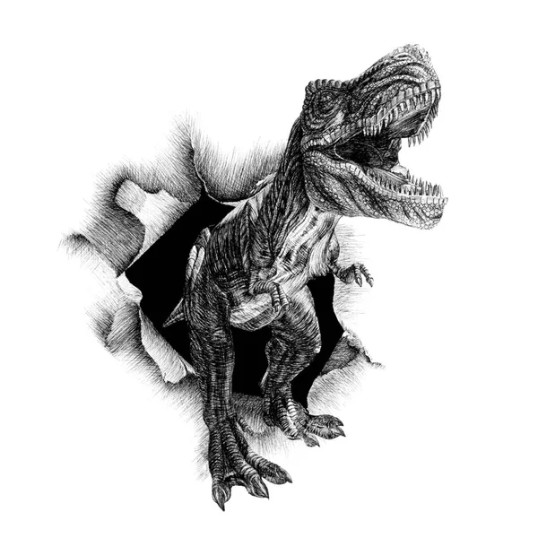 Handritat Rivet Papper Med Dinosaurie Skiss Grafik Monokrom Illustration Vit — Stockfoto