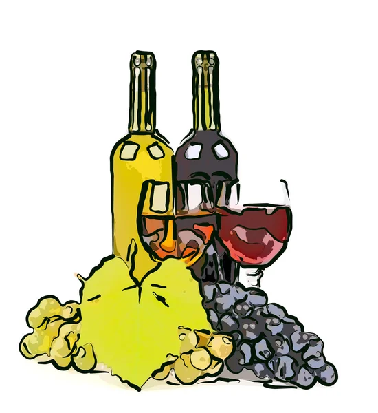 Bouteille de vin dessinée, verre et raisins — Photo