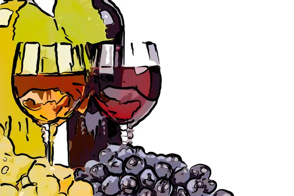 Garrafa de vinho desenhada, vidro e uvas — Fotografia de Stock