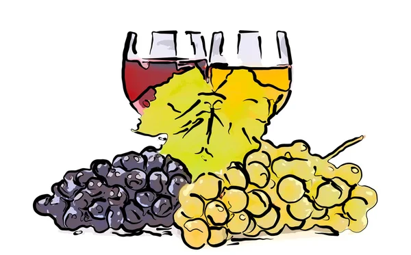 Raisins dessinés et verre de vin — Photo