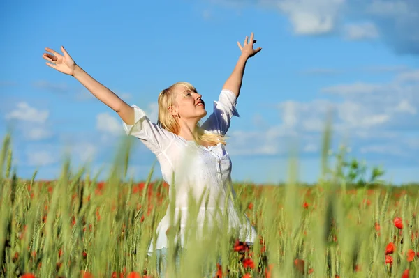 Young beautiful girl in the poppy — Stock Photo, Image