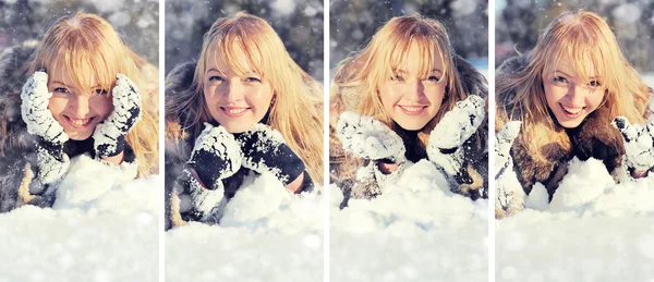 눈 덮인 겨울 풍경에 젊은 여자 — 스톡 사진