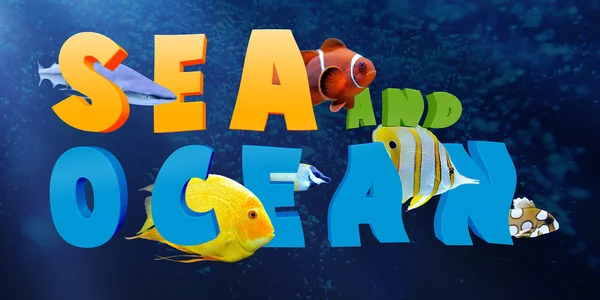 Word SEA AND OCEAN with many tropical fish — Stock Photo, Image