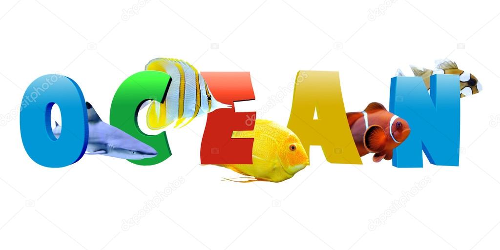 Word OCEAN with many tropical fish
