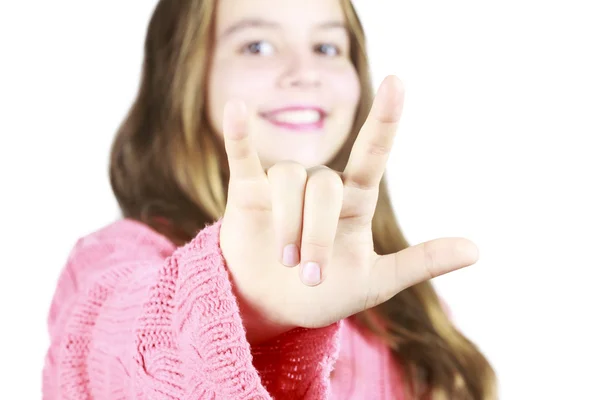Ung flicka med teckenspråk — Stockfoto