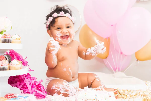 Baby Girl With Cake and Balloons