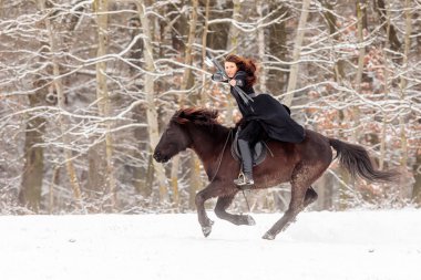 Savaşçı kılığına girmiş bir kadın hızla karlı arazide dört nala koşar ve pruvadan ateş eder.