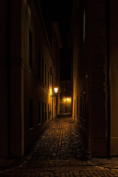 Street at night in old Prague in the historical center