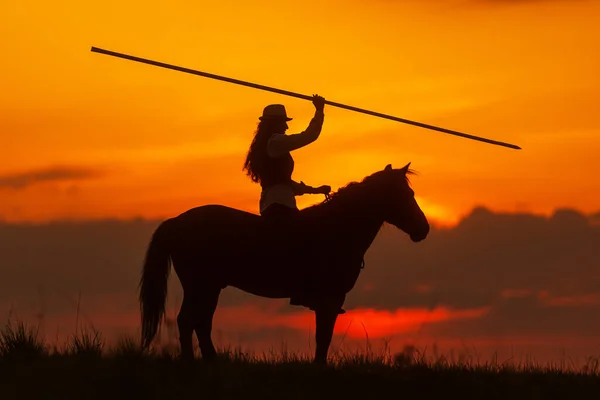 Motivo Espanhol Uma Cavaleira Com Uma Lança Silhueta Contra Sol — Fotografia de Stock