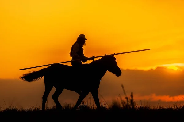 Silhouette Eines Reiters Auf Einem Pferd Mit Speer — Stockfoto