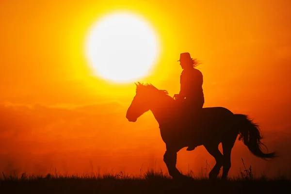Silhouette Einer Frau Mit Hut Auf Einem Pferd — Stockfoto