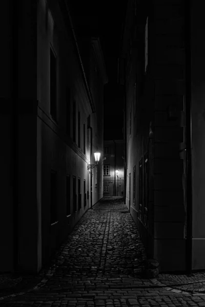 Utca Prágában Óváros Éjjel Fekete Fehér — Stock Fotó