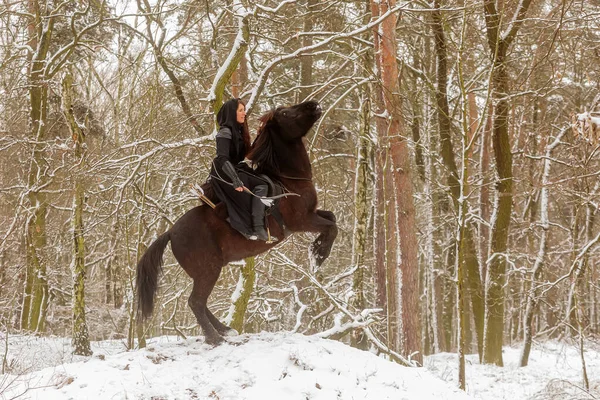 Uma Mulher Traje Fantasia Com Arco Sentado Cavalo Reinante — Fotografia de Stock