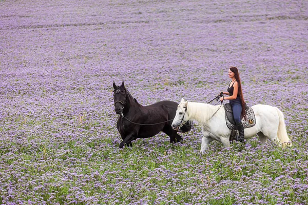 Una Giovane Donna Con Lunghi Capelli Fluenti Cavalca Cavallo Bianco — Foto Stock