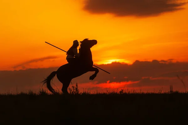 長い槍で夕日に向かって馬に乗っている女性の暗いシルエットが攻撃する準備をしている — ストック写真