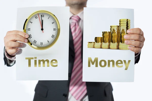 Hombre en el cargo con signos de tiempo y trabajo — Foto de Stock