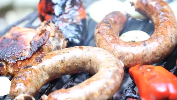 Мясо на барбекю с грилем — стоковое видео