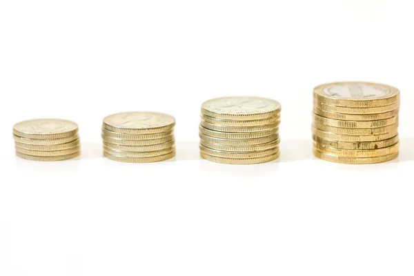 Money growth concept, where small coins in a pile gets bigger and higher for each pile. — Stock Photo, Image