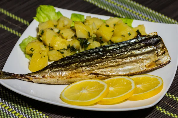 Filé de cavala fresco com batata fervida e limão — Fotografia de Stock