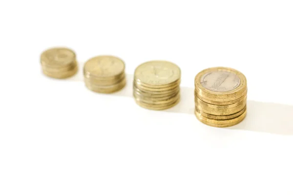 Money growth concept, where small coins in a pile gets bigger and higher for each pile — Stock Photo, Image