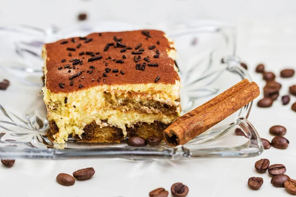 Tiramisu Cake with coffee beans and cinnamon — Stock Photo, Image