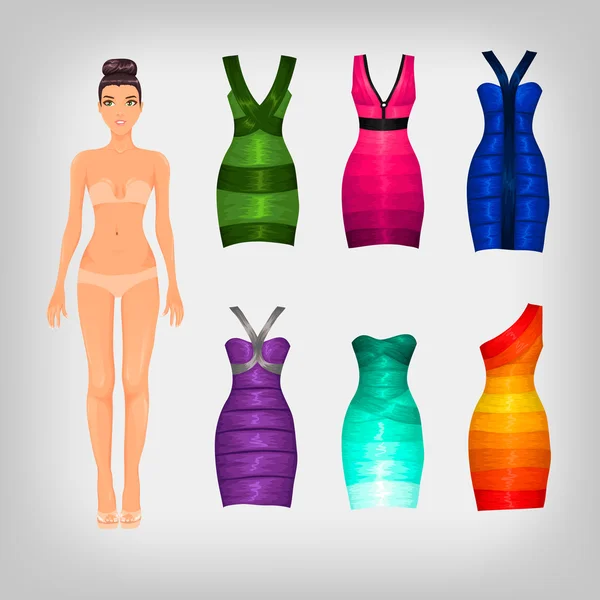 Poupée avec assortiment de robes — Image vectorielle