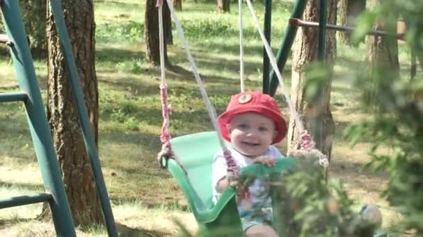 Joyeux enfant heureux dans un panama rouge balancent sur une balançoire. Le gamin rit. L'heure d'été. Bonne enfance — Video