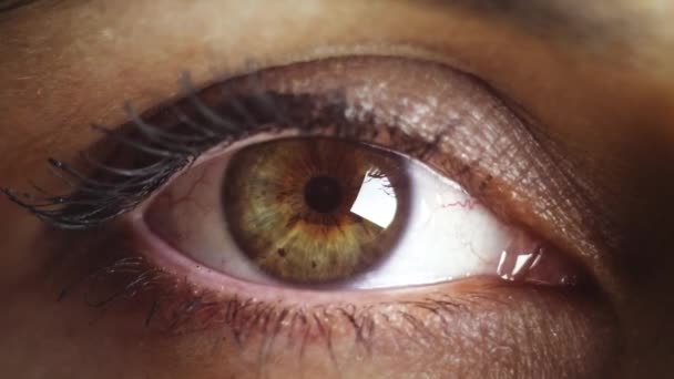 Primer plano de apertura de los ojos con hermoso iris verde. Concepto de vista saludable. Vista frontal de vídeo macro iris verde en 4K. — Vídeos de Stock