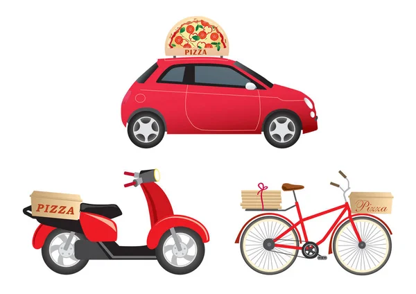 Pizza teslimatı için taşıma. Kırmızı araba, kırmızı scooter ve pizza kutularıyla bisiklet..
