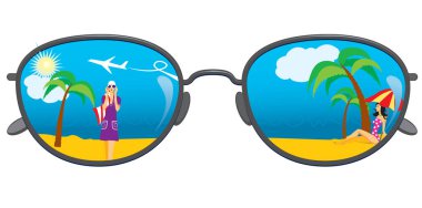 Plaj yansıması güneş gözlüğü. Denizin yansıması, sahil, palmiye ağaçları, güneşlenen kız ve gökyüzünde uçak.