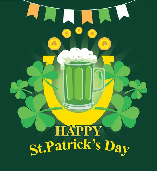 Patrick Card Green Beer Clover Horseshoe Gold Coins — Stock Vector