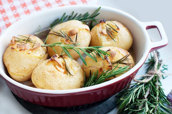 Rustic Baked Potatoes Rosemary Garlic Light Gray Background Traditional Portuguese — Stock Photo, Image