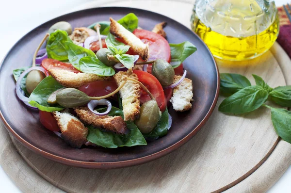 Italienischer Panacella Salat Mit Brot Tomaten Basilikum Kapern Roten Zwiebeln — Stockfoto