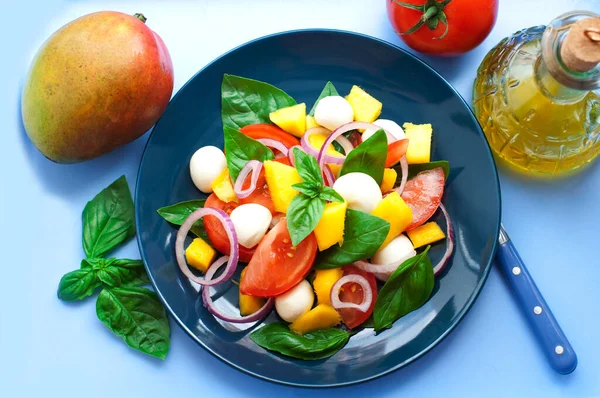 Salat Mit Mango Mozzarella Basilikum Roten Zwiebeln Tomaten Frischkäse Und — Stockfoto