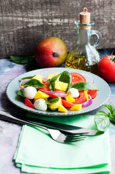 Salat Mit Mango Mozzarella Basilikum Roten Zwiebeln Tomaten Und Olivenöl — Stockfoto
