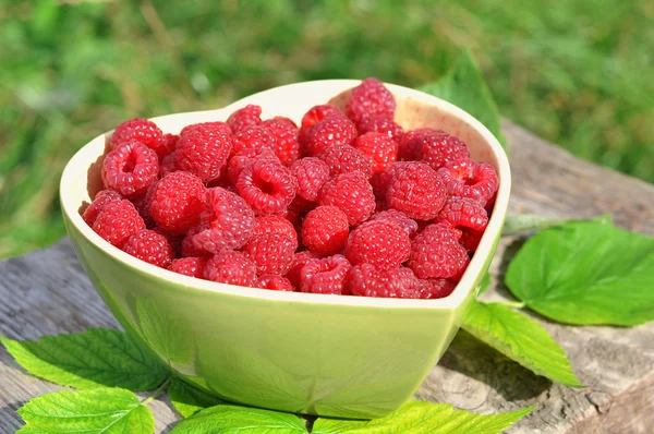 Raspberry in a green plate — Stock Fotó