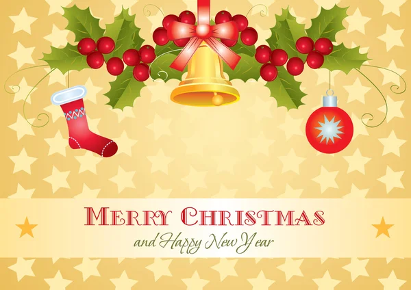 Weihnachten Goldkarte mit Stechpalme und Geschenk — Stockvektor