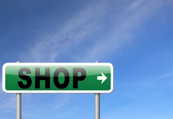 Nakupujte nyní znamení jít do online shopu dopravní značka, webové obchody billboard — Stock fotografie