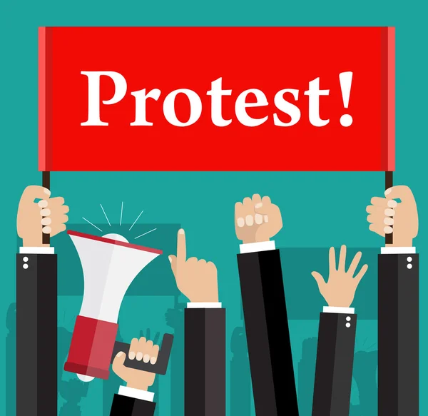 Χέρια που κρατούν σημεία διαμαρτυρία και bullhorn — Διανυσματικό Αρχείο