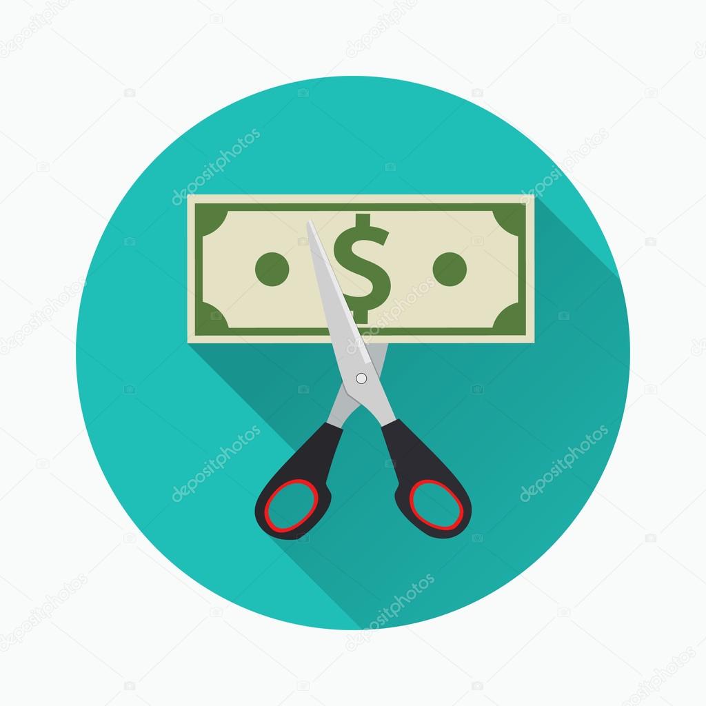 Scissors cutting money bill.