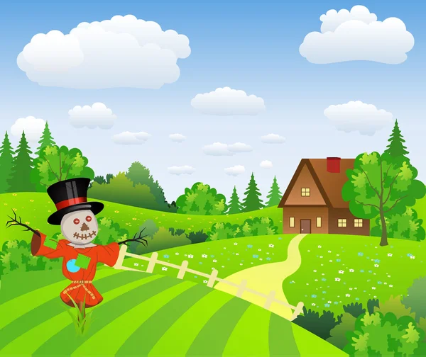 Farm landscape with cartoon scarecrow — Stock Vector