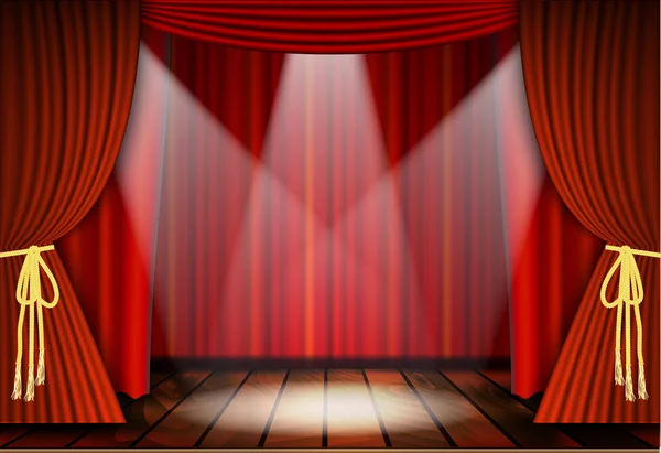 Escena teatral con cortinas rojas — Vector de stock