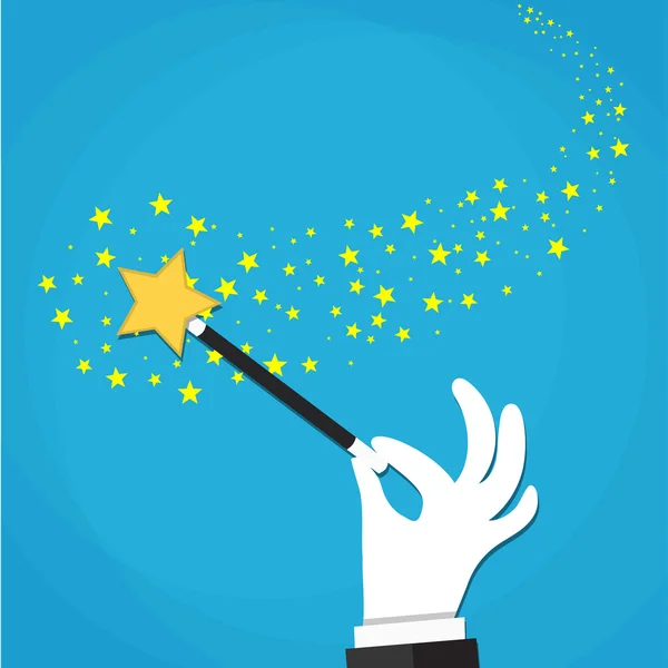 Cartoon Hand hold magic wand with stars sparks. — Stock Vector