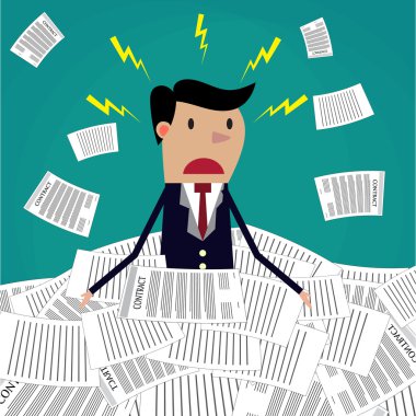 Çizgi film işadamı yığın kağıt vurguladı