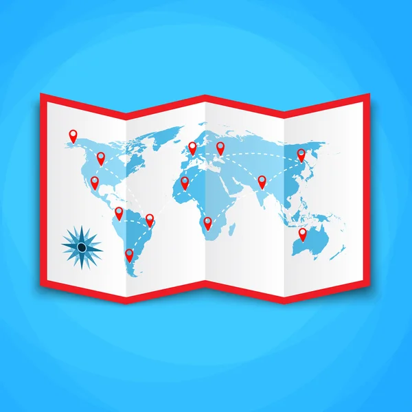 Mapa mundial de papel con iconos de ubicación. icono del mapa, mapa vectorial, ilustración vectorial en diseño plano sobre fondo marrón — Vector de stock
